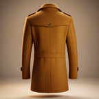 Men's long structured coat with high collar, lapels, buttons and multiple pockets