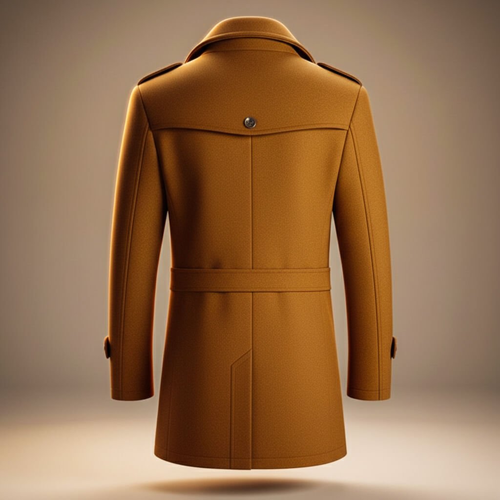 Men's long structured coat with high collar, lapels, buttons and multiple pockets