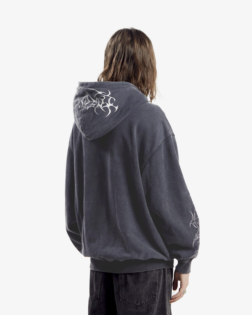 Black zip hoodie with hood and large monochrome cathedral graphic