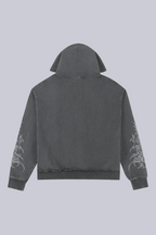 Black zip hoodie with hood and large monochrome cathedral graphic