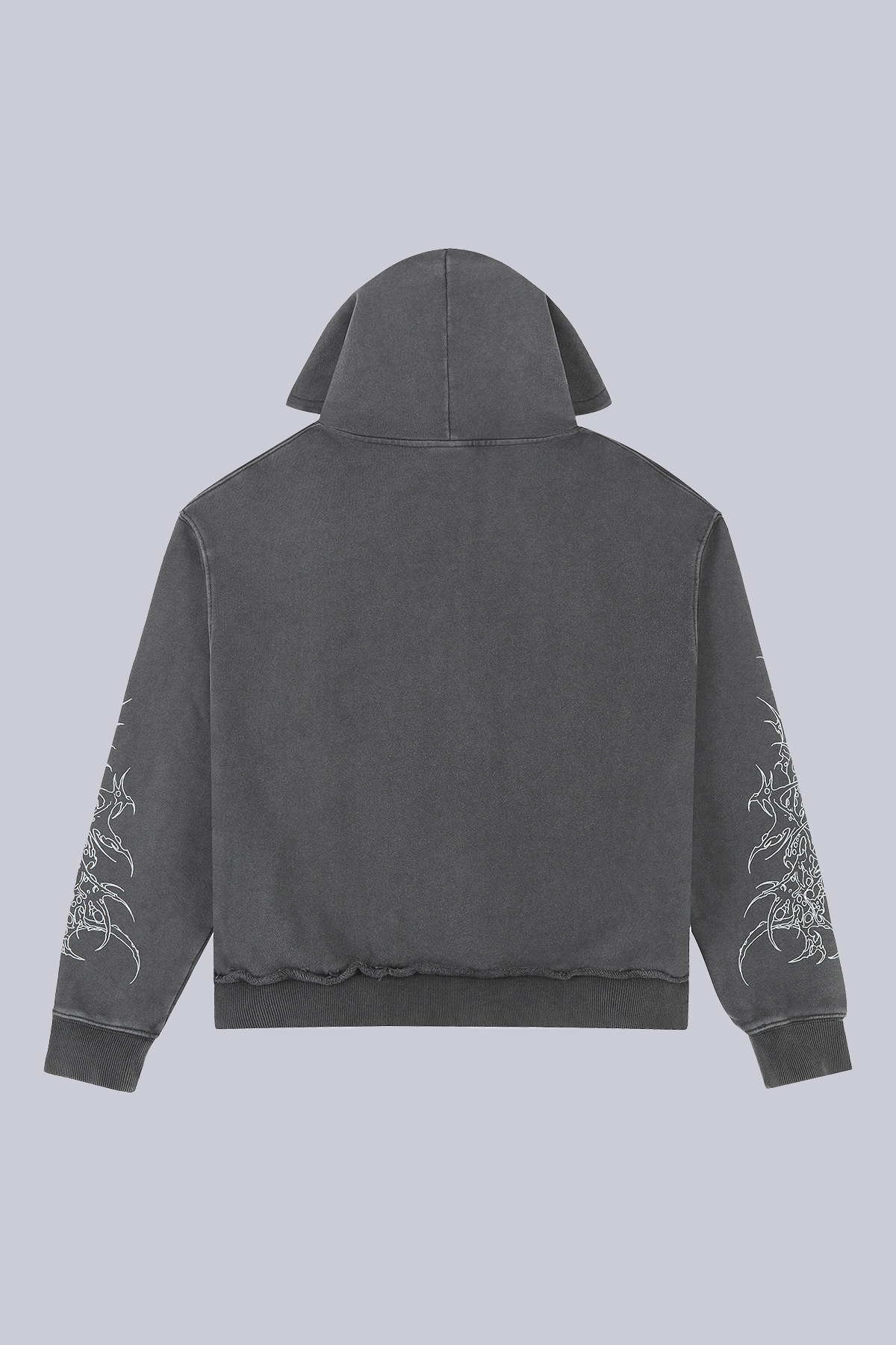 Black zip hoodie with hood and large monochrome cathedral graphic