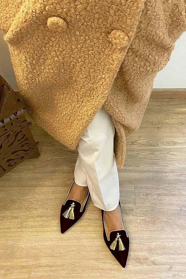 Pointed toe tassel loafers shown in purple and orange colourways