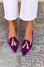 Pointed toe tassel loafers shown in purple and orange colourways