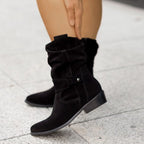 Women's slouch ankle boots with pointed toes, low heels and stitched strap detailing