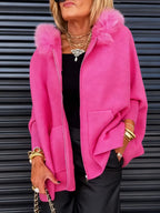Women's relaxed hooded short cardigan with zip front, fluffy trim and front pockets