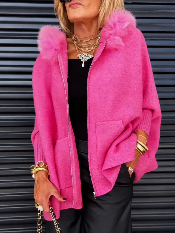 Women's relaxed hooded short cardigan with zip front, fluffy trim and front pockets