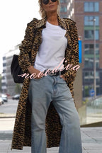 Women's longline leopard print coat with lapels and long sleeves