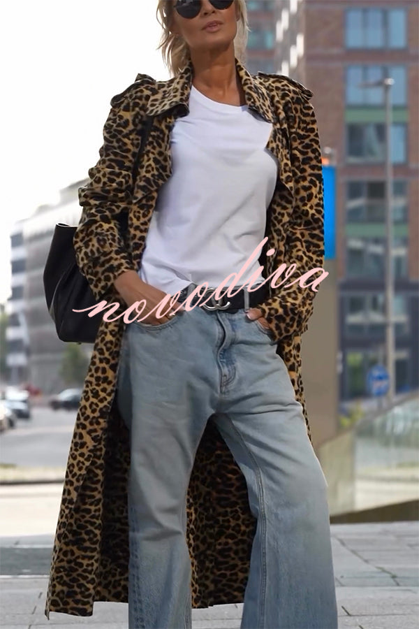 Women's longline leopard print coat with lapels and long sleeves