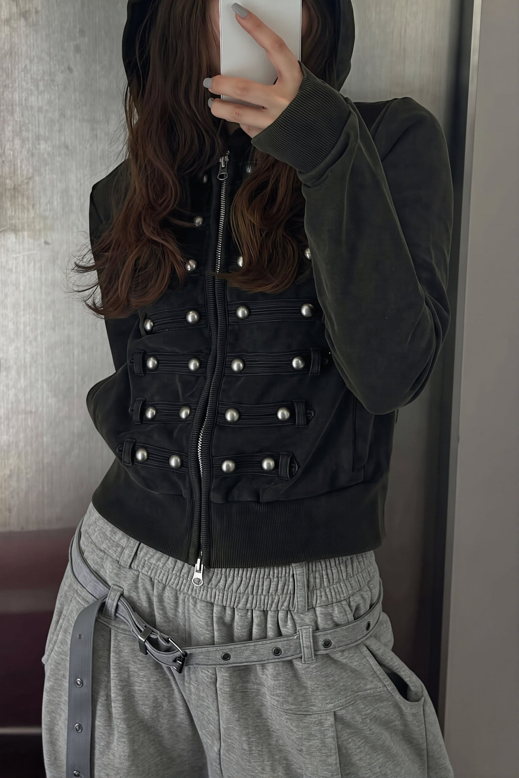 Women's black fitted cropped hoodie with hood, front zip and silver-tone stud detailing