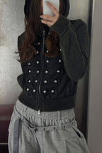Women's black fitted cropped hoodie with hood, front zip and silver-tone stud detailing