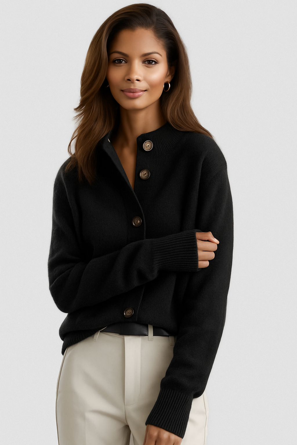 Women's button cardigan with ribbed trims and long sleeves