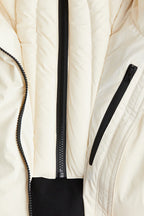 Women's hooded quilted ski jacket with belted waist and long sleeves