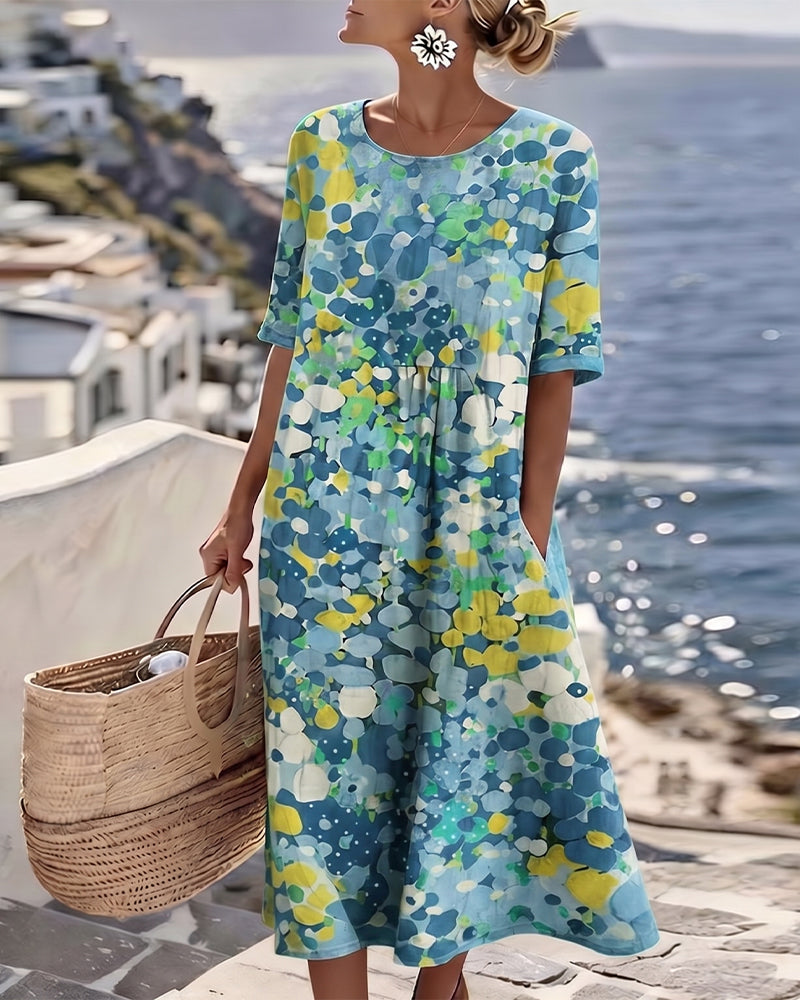 Women's abstract floral midi dress with round neck and short sleeves