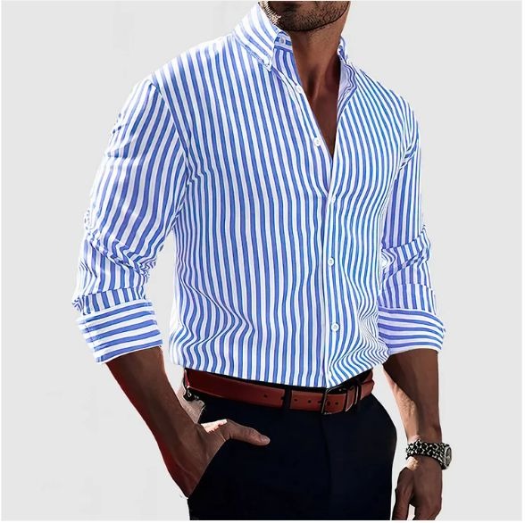 Men's striped shirt with Mandarin collar, button front and rolled sleeves