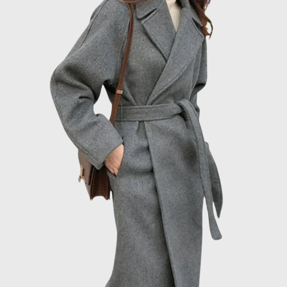 Women's long wrap coat with wide lapels and tie belt