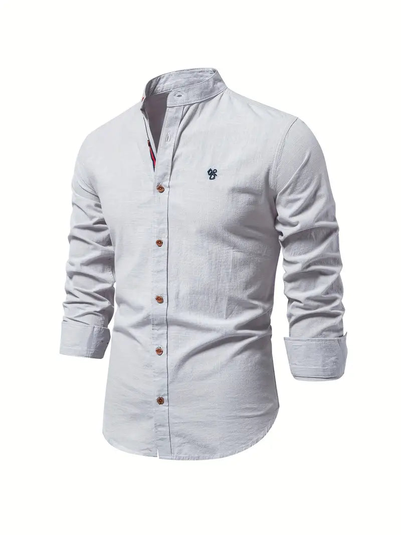 Men's long-sleeve mandarin collar button shirt with curved hem