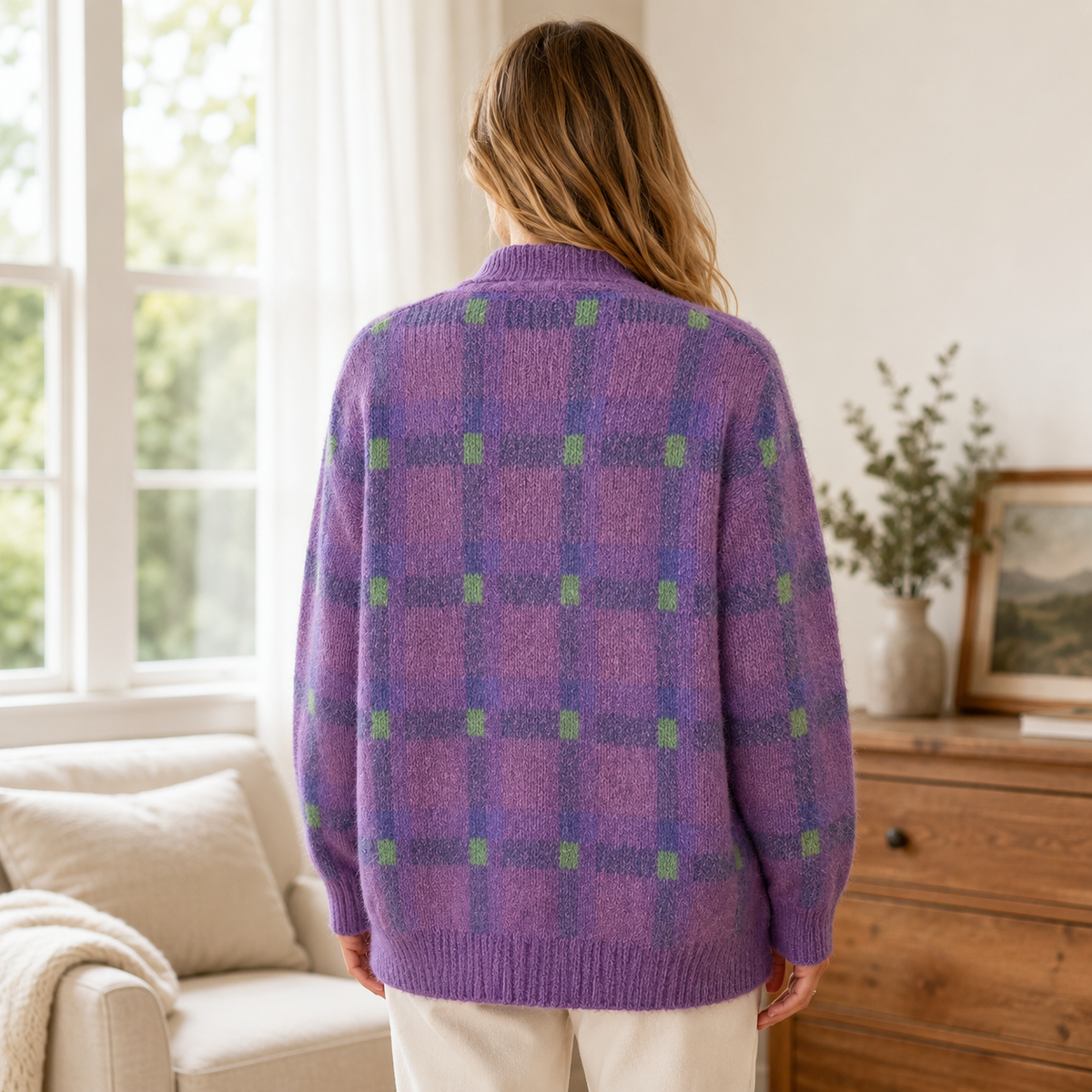 Women's oversized checked cardigan with collar, long sleeves and button front