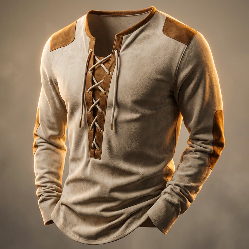 Men's long-sleeve lace-up Henley shirt with contrast shoulder and sleeve panels