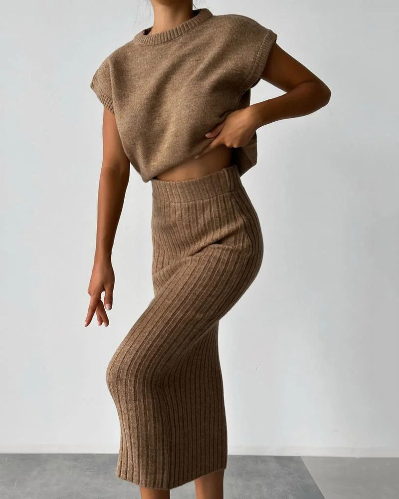 Women's brown ribbed knit vest and fitted midi skirt set