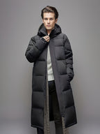 Men's black long hooded puffer coat with quilted panels and front pockets