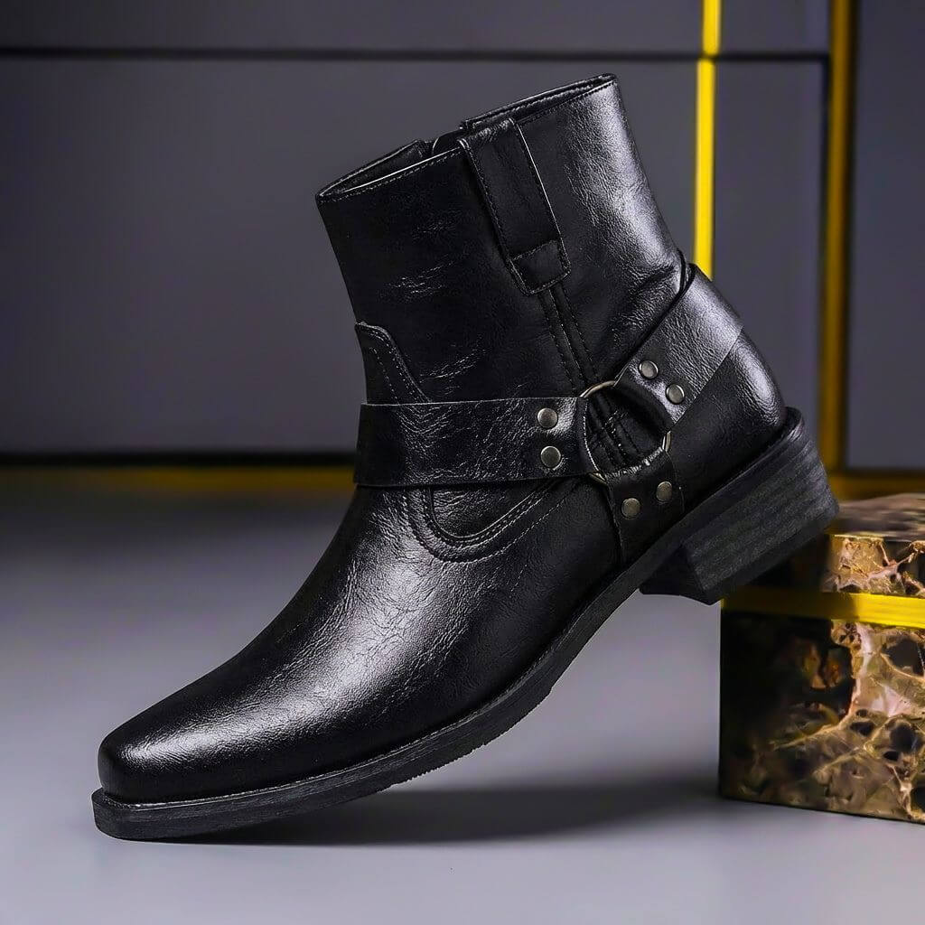 Men's ankle boots with cross-over buckled straps, metal studs and low heel