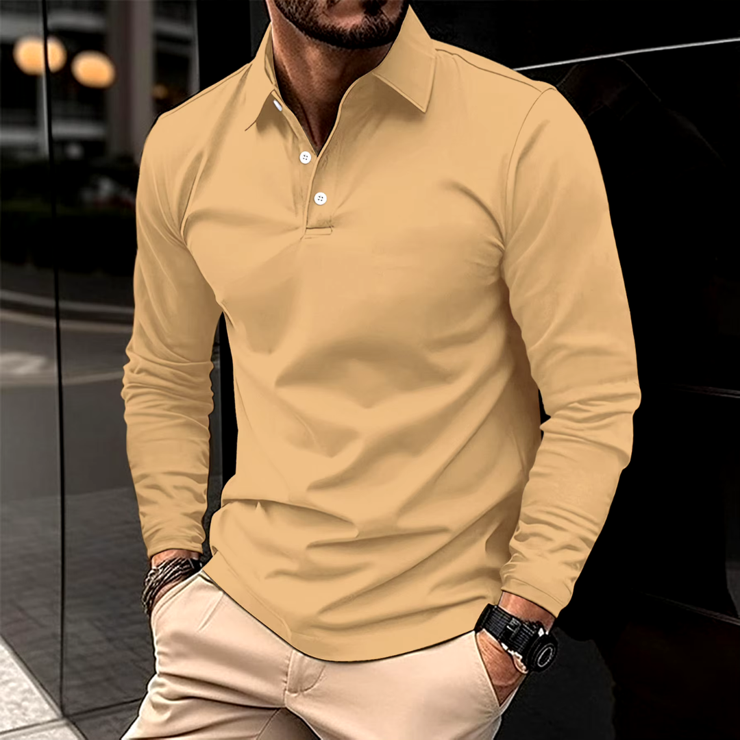 Men's long sleeve polo shirt with pointed collar and button placket