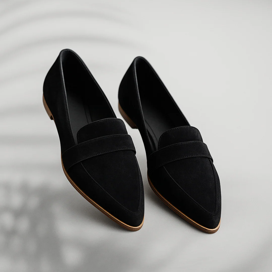 Women's pointed toe loafers with front straps and low heels