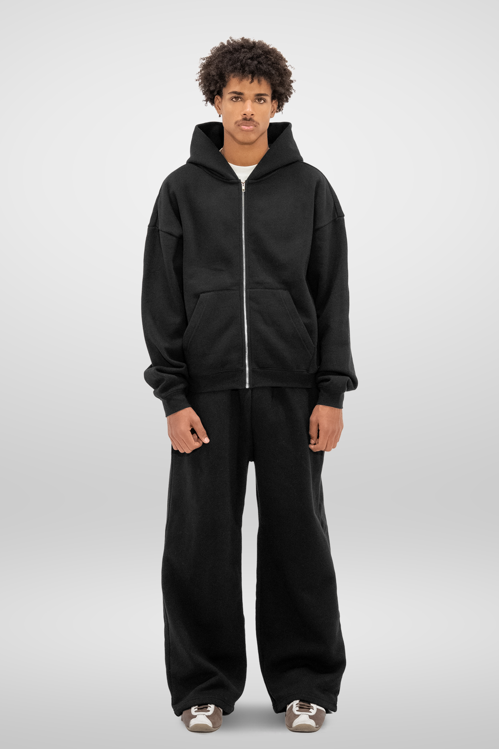 Men's black zip-up hoodie with hood, long sleeves and front kangaroo pocket
