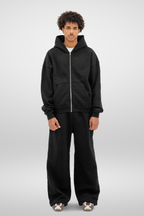 Men's black zip-up hoodie with hood, long sleeves and front kangaroo pocket