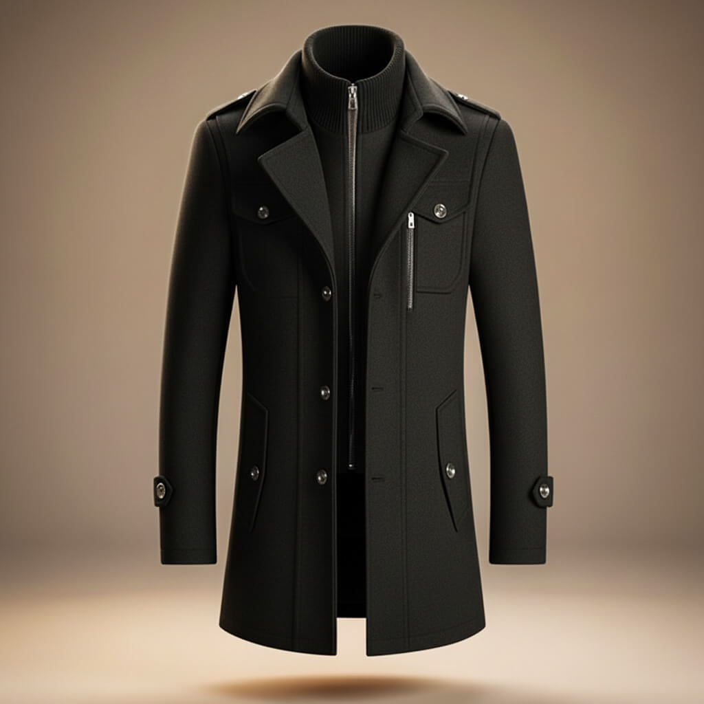 Men's long structured coat with high collar, lapels, buttons and multiple pockets