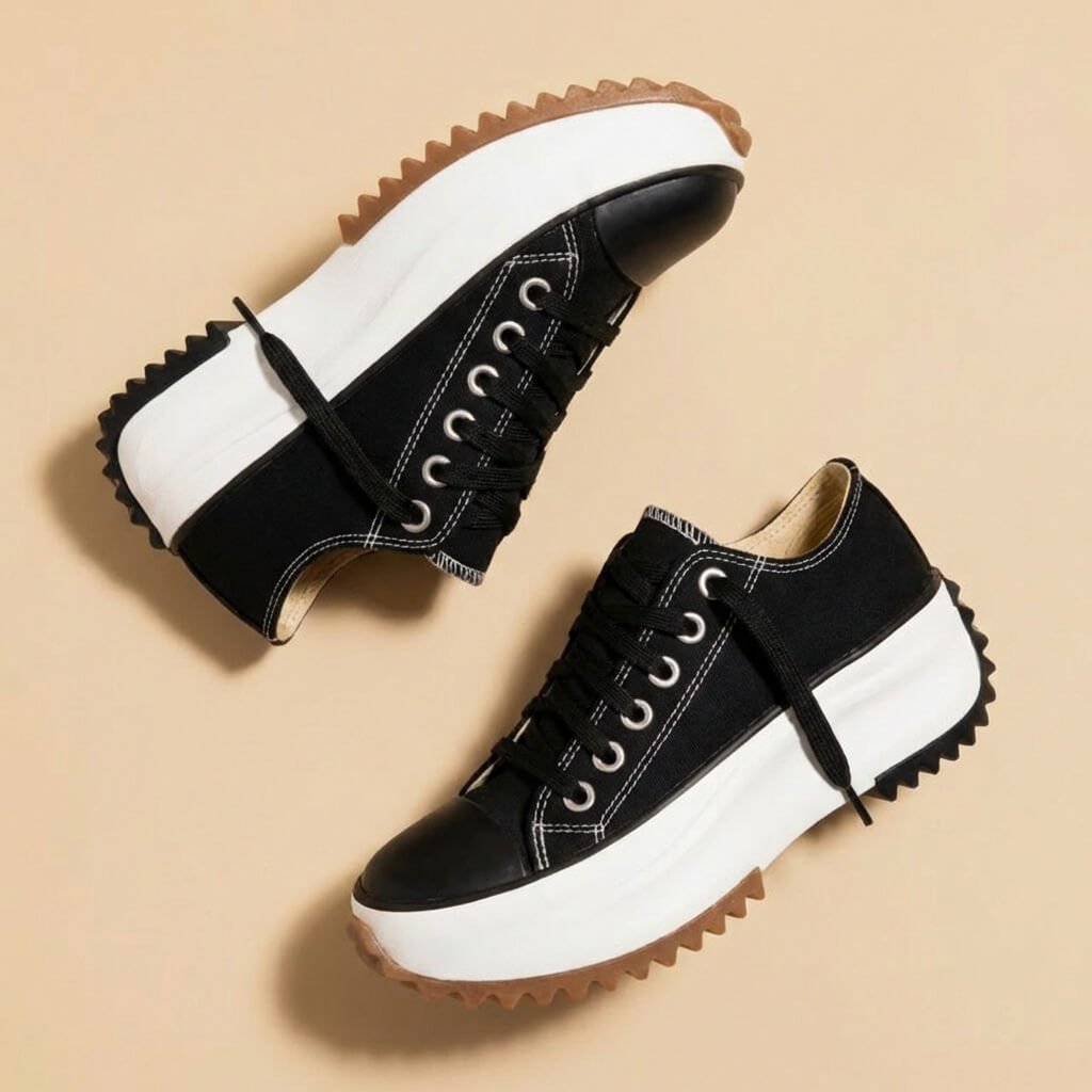 Women's platform lace-up sneakers with chunky ridged soles in beige and tiger stripe designs
