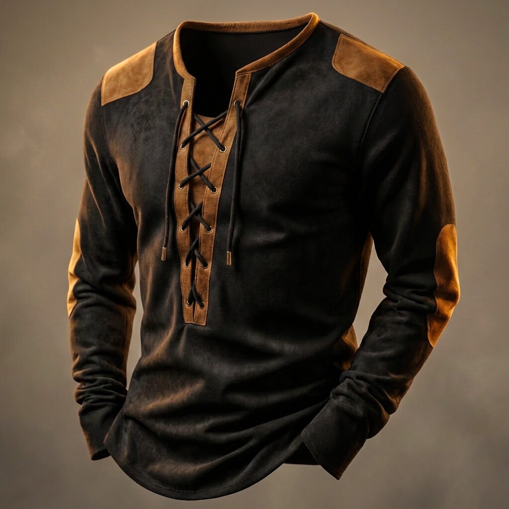 Men's long-sleeve lace-up Henley shirt with contrast shoulder and sleeve panels