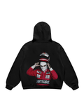 Black hoodie with racing helmet and masked driver graphics