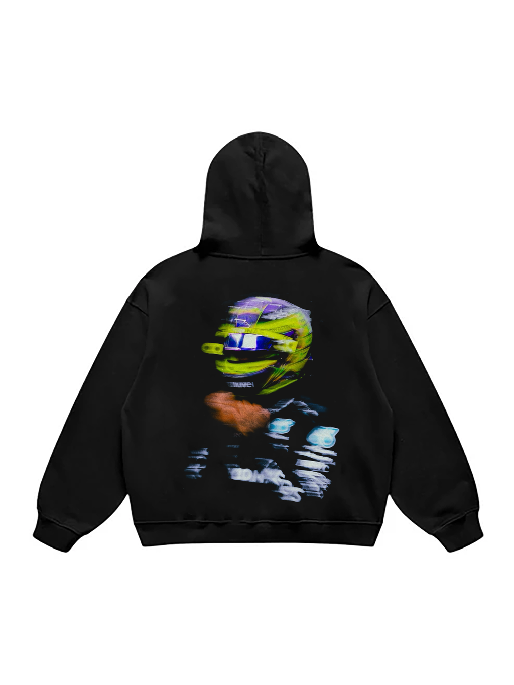Black hoodie with hood, pouch pocket and contrasting front and back graphic prints