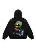 Black hoodie with hood, pouch pocket and contrasting front and back graphic prints