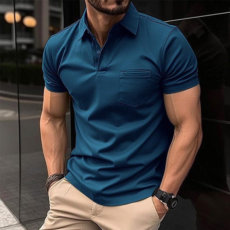 Men's short sleeve polo shirt with pointed collar and chest pocket