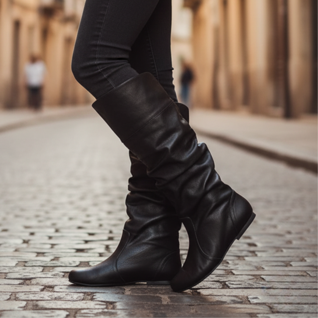 Women's slouch knee-high boots with a rounded toe and low heel