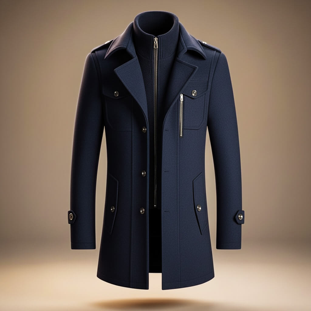 Men's long structured coat with high collar, lapels, buttons and multiple pockets