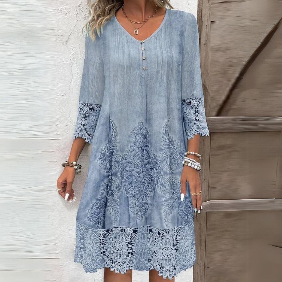 Women's embroidered midi dress with V-neck, button front, lace sleeves and scalloped hem