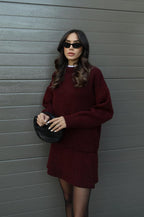 Women's knitted jumper and mini skirt set with long sleeves and crew neckline