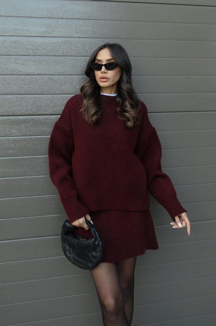 Women's knitted jumper and mini skirt set with long sleeves and crew neckline