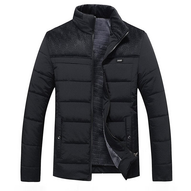 Men's quilted puffer jacket with stand collar, zip front and textured lining