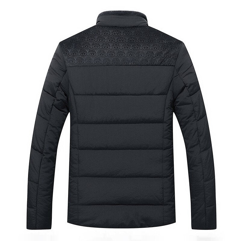 Men's quilted puffer jacket with stand collar, zip front and textured lining