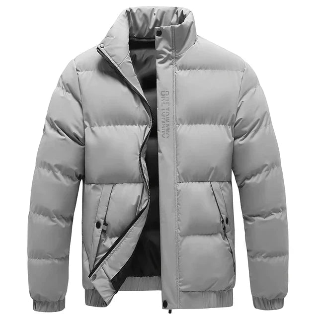 Men's padded quilted jacket with high collar and front zip