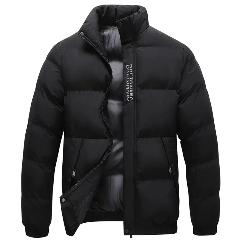 Men's padded quilted jacket with high collar and front zip