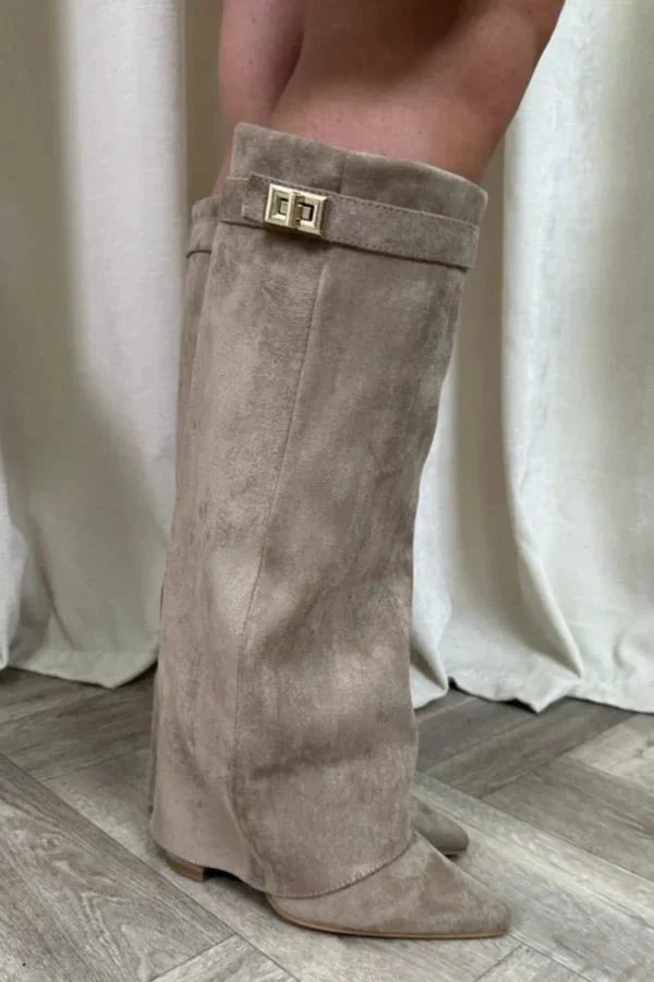 Women's knee-high pointed-toe boots with mid block heels, wide trim and buckle detail