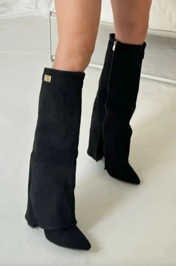 Women's knee-high pointed-toe boots with mid block heels, wide trim and buckle detail