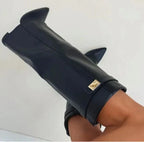 Women's knee-high pointed-toe boots with mid block heels, wide trim and buckle detail
