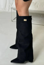 Women's knee-high pointed-toe boots with mid block heels, wide trim and buckle detail