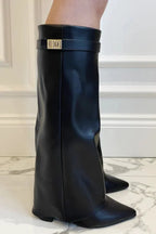Women's knee-high pointed-toe boots with mid block heels, wide trim and buckle detail